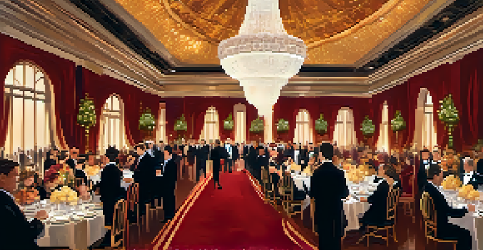 An elegant ballroom filled with well-dressed guests at a gala event, featuring a grand chandelier and rich decorations.