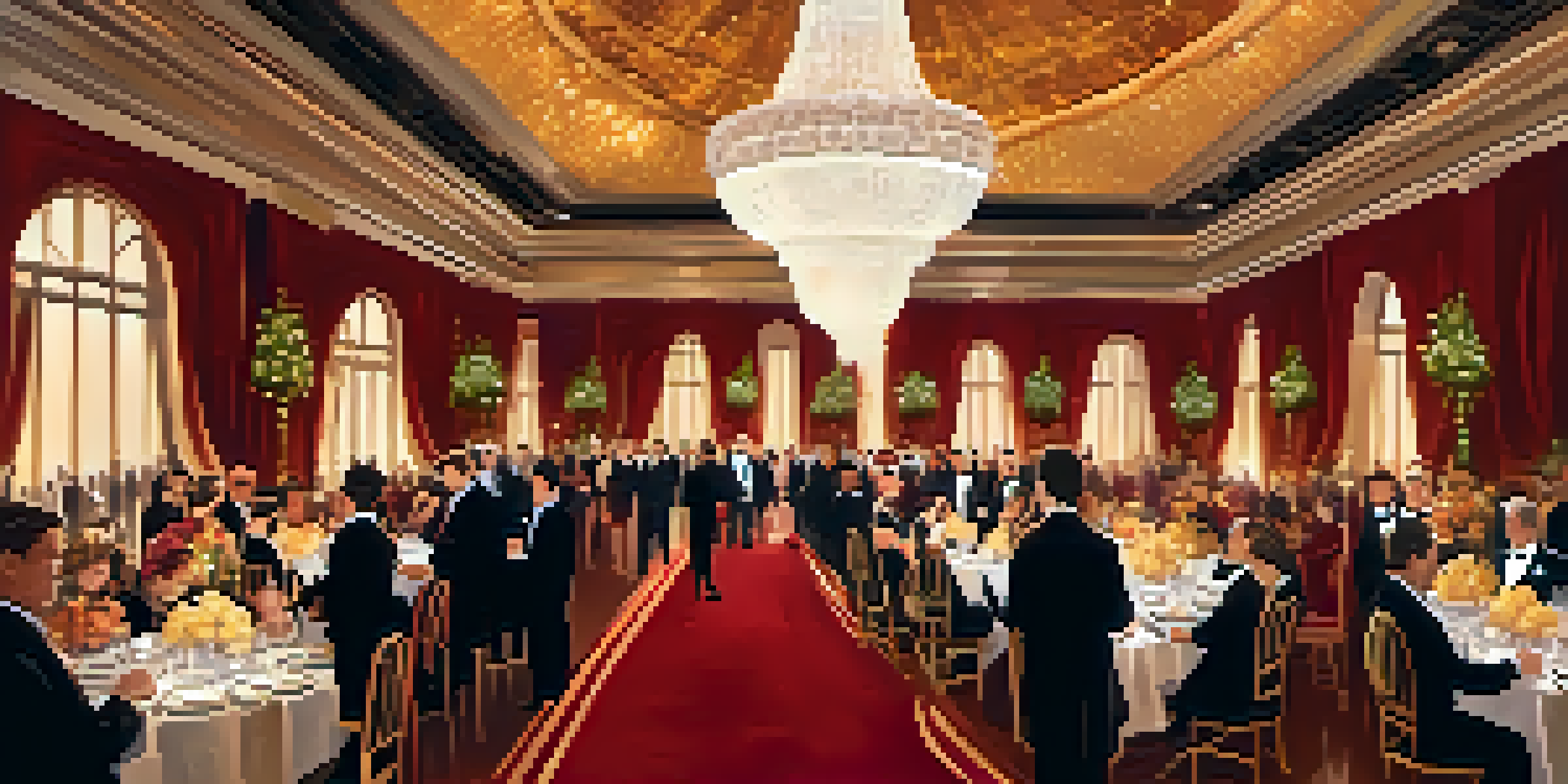 An elegant ballroom filled with well-dressed guests at a gala event, featuring a grand chandelier and rich decorations.