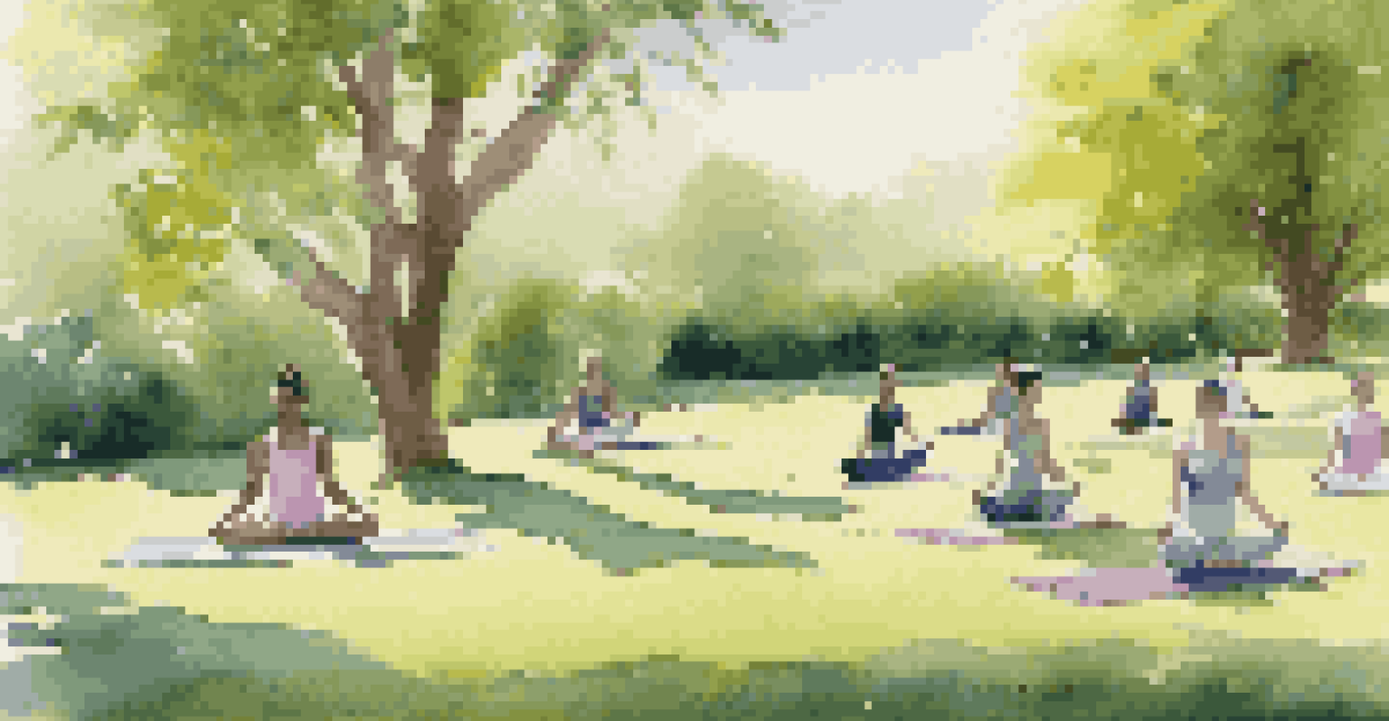 A tranquil countryside setting with guests practicing yoga on a green lawn surrounded by nature.