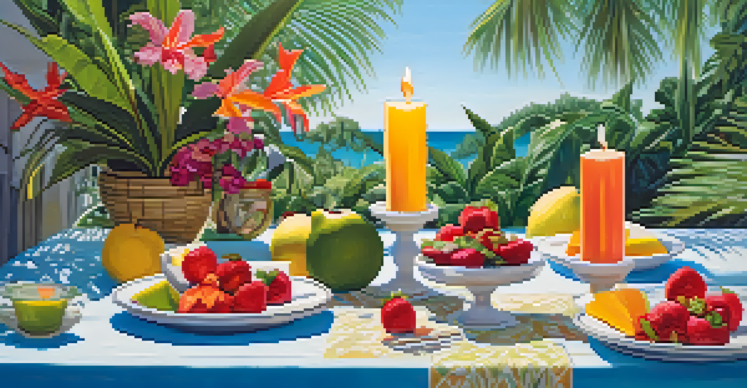 A vibrant summer patio with a table decorated for a tropical gathering, featuring colorful candles, flowers, and fruits, under a sunny blue sky.