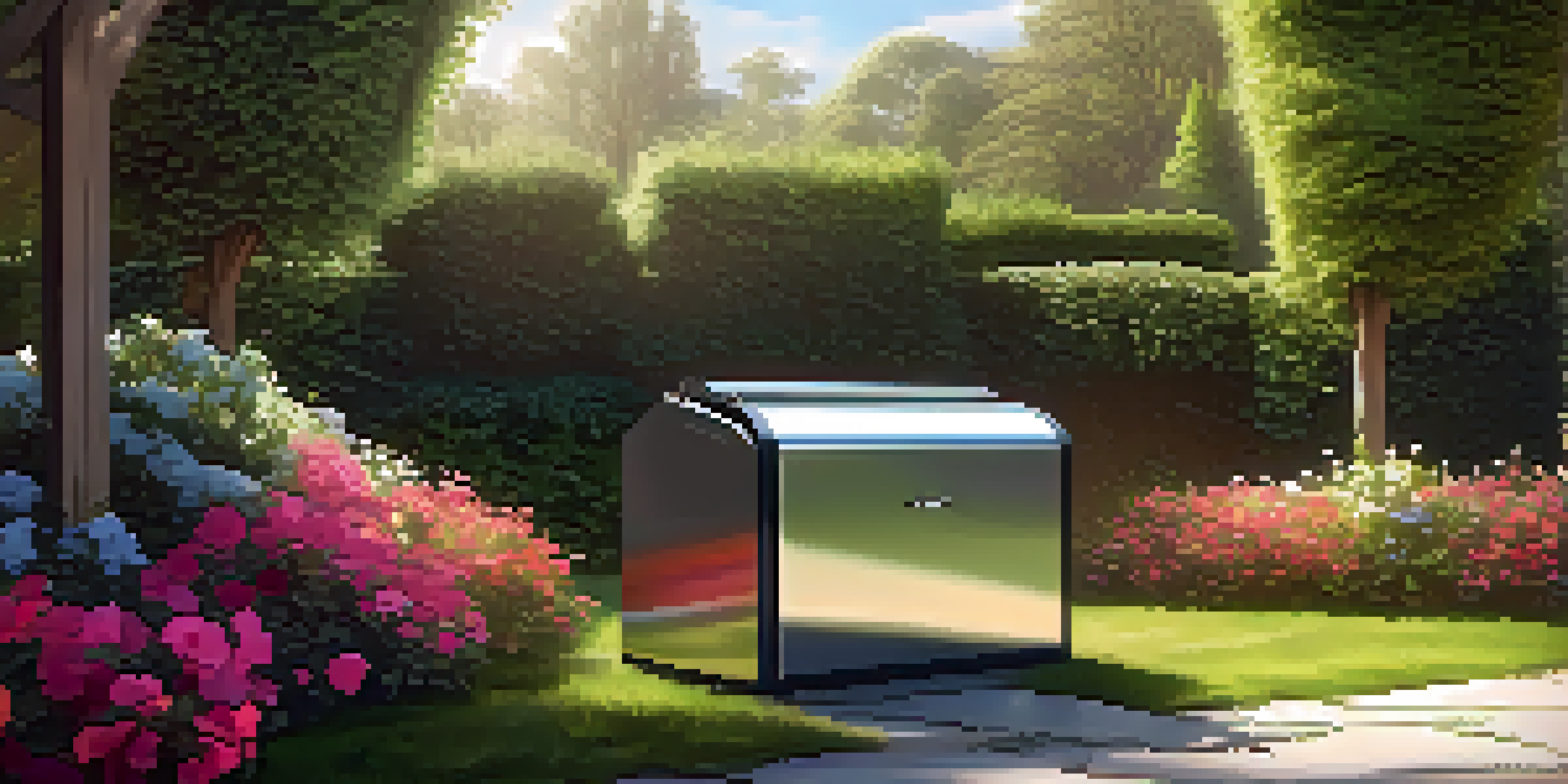 A luxurious garden with a shiny stainless steel compost bin surrounded by colorful flowers and green plants, illuminated by sunlight.