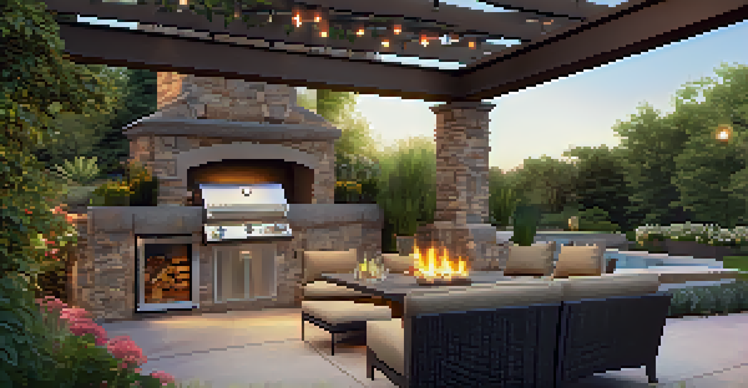 A luxurious outdoor living space with a patio, seating, ambient lighting, and greenery, featuring an outdoor kitchen and fire pit.