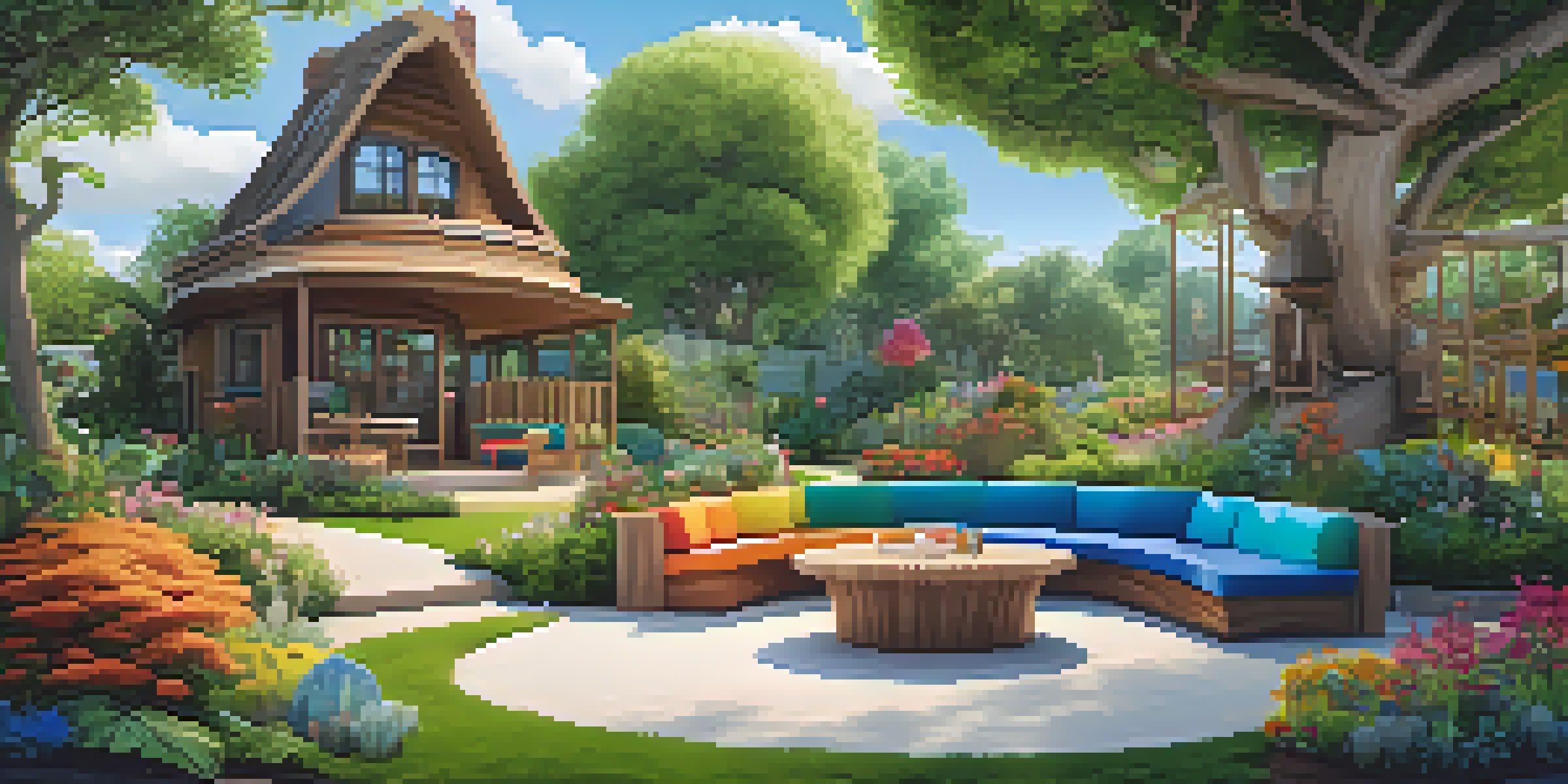 A beautiful garden with comfortable outdoor seating, a treehouse, and a sandbox, filled with greenery and colorful flowers under a clear sky.