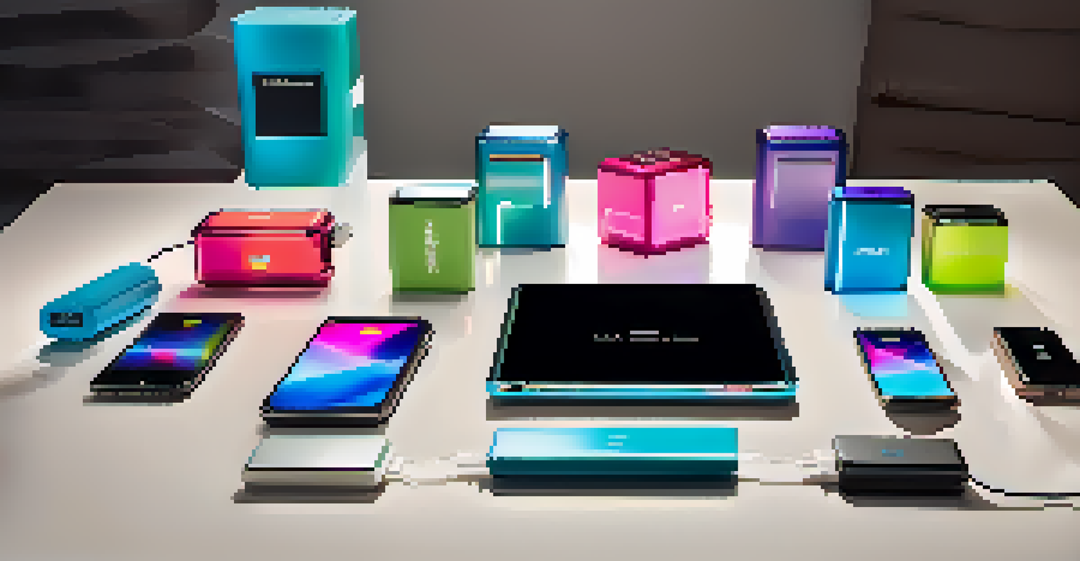 A modern display of personalized tech gadgets as custom favors on a sleek table.