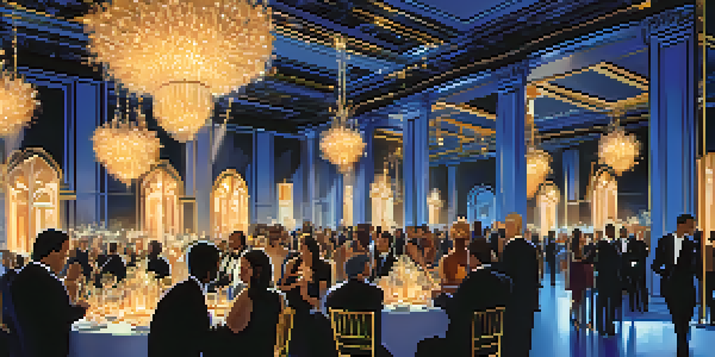 A luxurious gala with guests enjoying interactive art installations under soft ambient lighting.