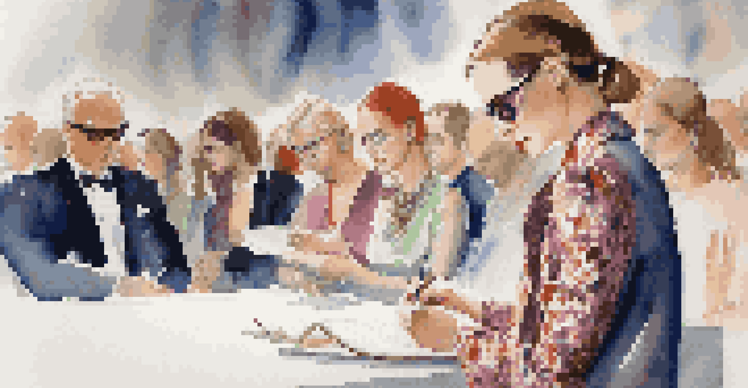 A fashion critic taking notes during a runway show, with vibrant high-fashion garments in the background.