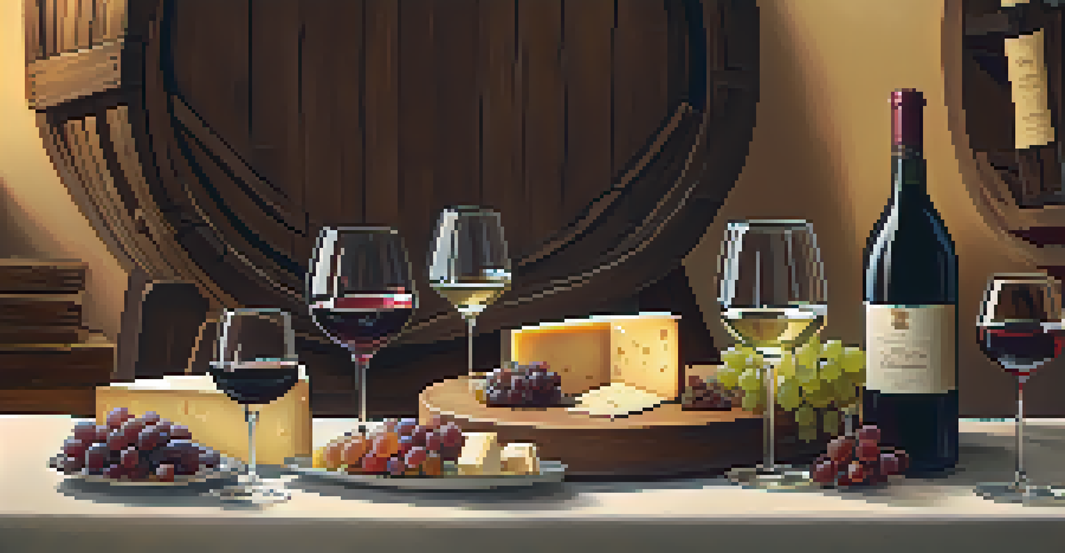 An elegant wine tasting table with glasses, an oak barrel, and cheese platters, set in a warm and inviting atmosphere.