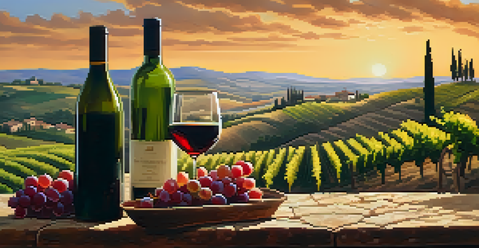 A picturesque Tuscany vineyard at sunset with a glass of red wine on a stone table, surrounded by rolling hills and rustic wooden barrels.