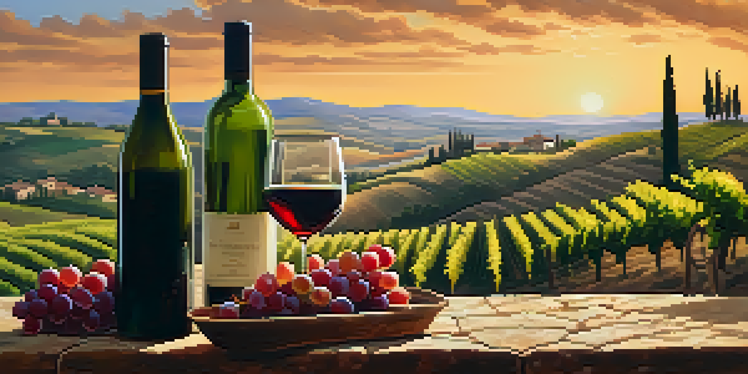 A picturesque Tuscany vineyard at sunset with a glass of red wine on a stone table, surrounded by rolling hills and rustic wooden barrels.