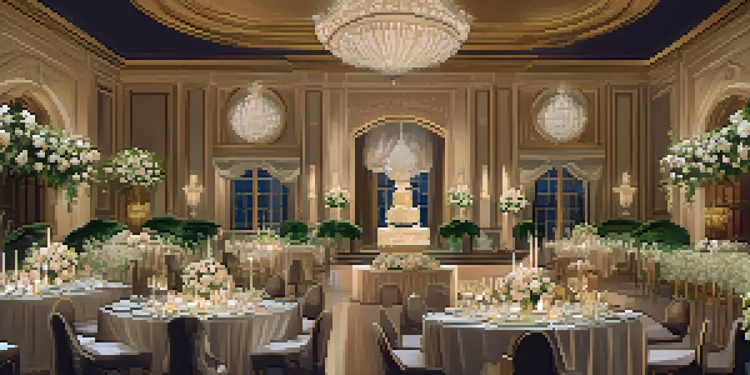 A luxurious event with elegantly arranged tables, gold accents, and floral centerpieces, illuminated by soft ambient lighting with guests in stylish attire.