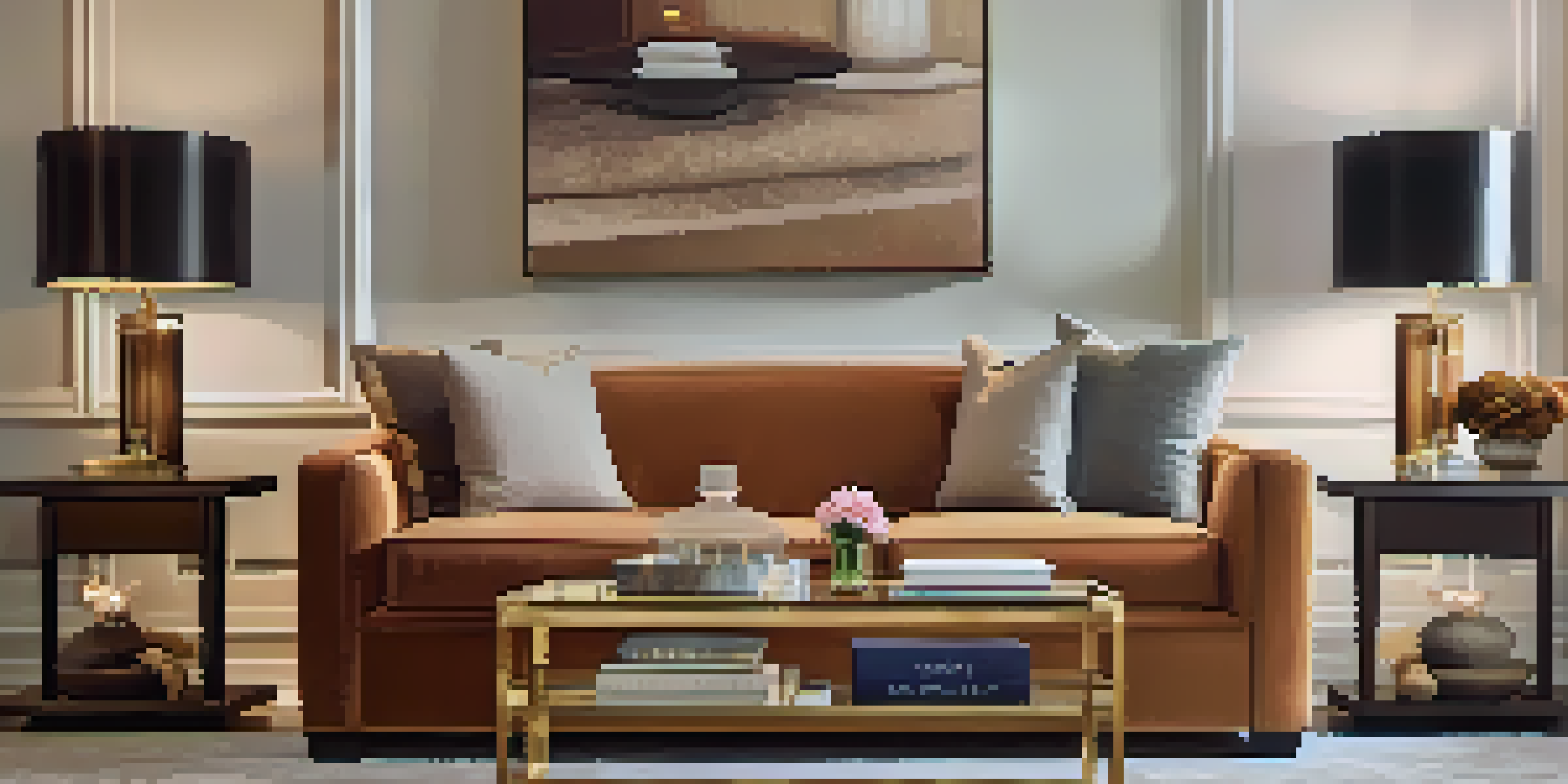 A warm and inviting living room with a coffee table displaying a luxury fragrance bottle, soft lighting, and a plush sofa in the background.