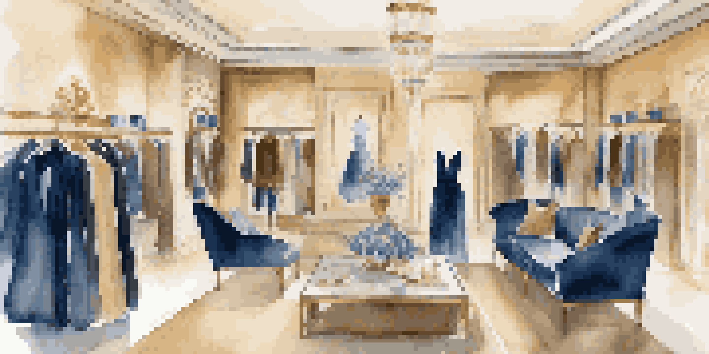 An elegant boutique showcasing personalized fashion items with warm lighting and plush seating.