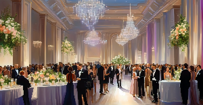 A glamorous charity gala with guests in elegant attire, surrounded by floral decorations and soft lighting, with an auction table in the background.
