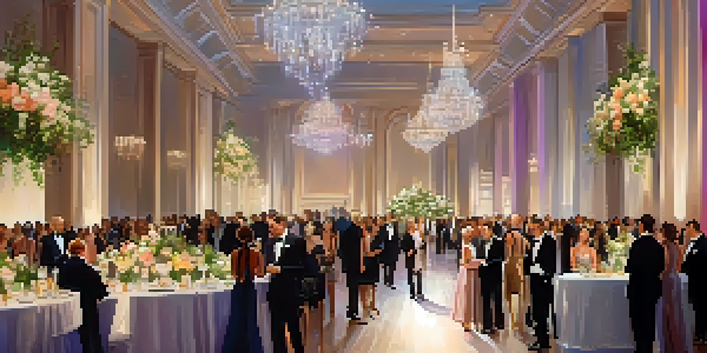 A glamorous charity gala with guests in elegant attire, surrounded by floral decorations and soft lighting, with an auction table in the background.