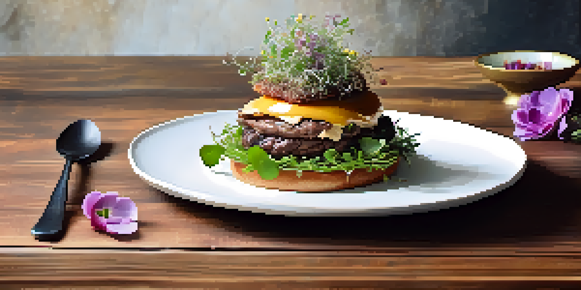 A gourmet Wagyu beef burger with truffle aioli and edible flowers on a wooden table.