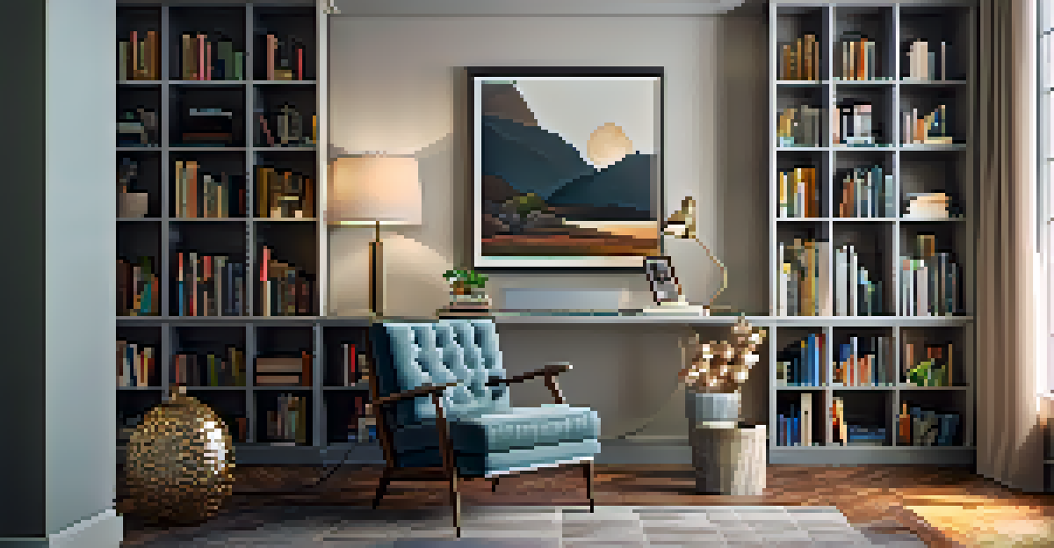 A cozy home office corner with a plush ergonomic chair, bookshelves, and soft lighting from a floor lamp.