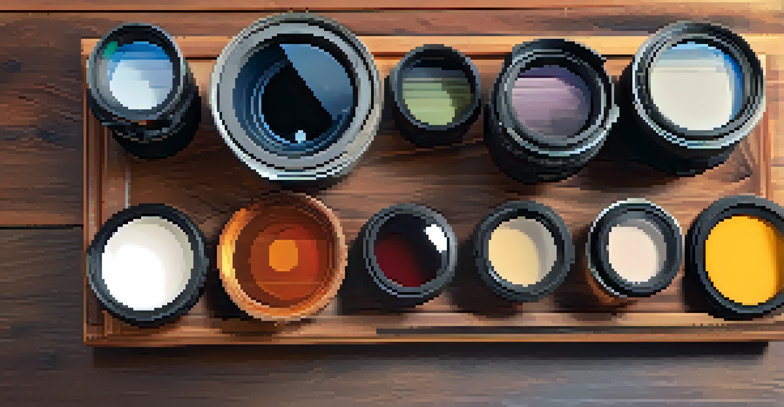 An arrangement of different camera filters on a wooden table, illuminated by soft natural light.