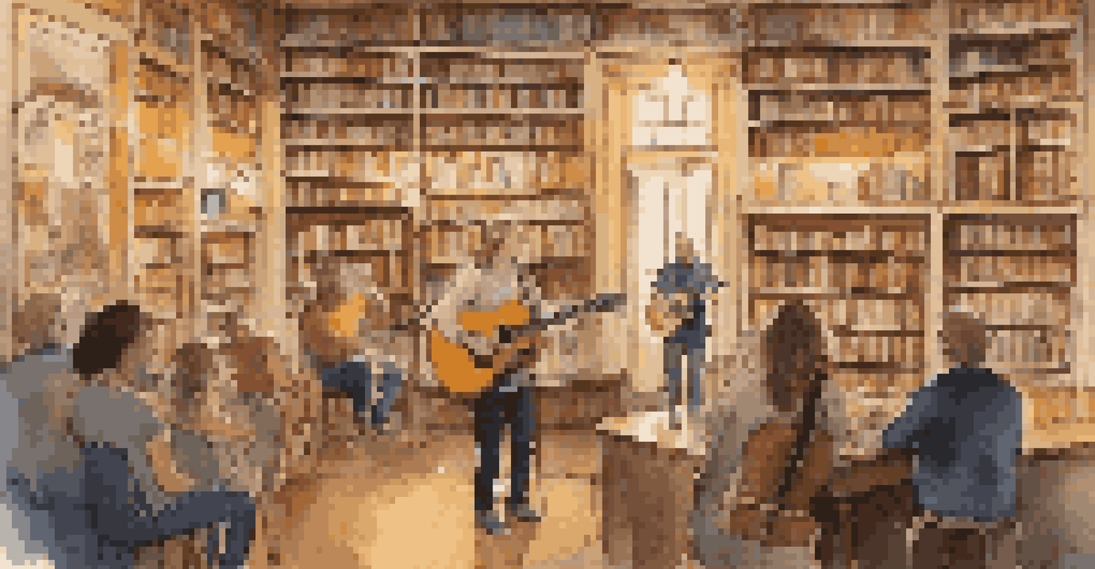 A singer-songwriter performing in a cozy bookshop, surrounded by books and a small audience.