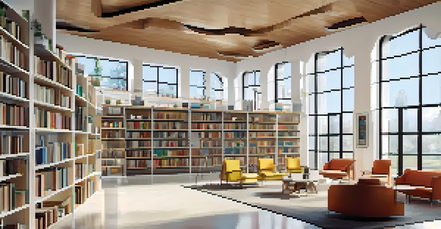 A modern library with smart bookshelves and a digital screen displaying book locations, featuring a comfortable reading nook.