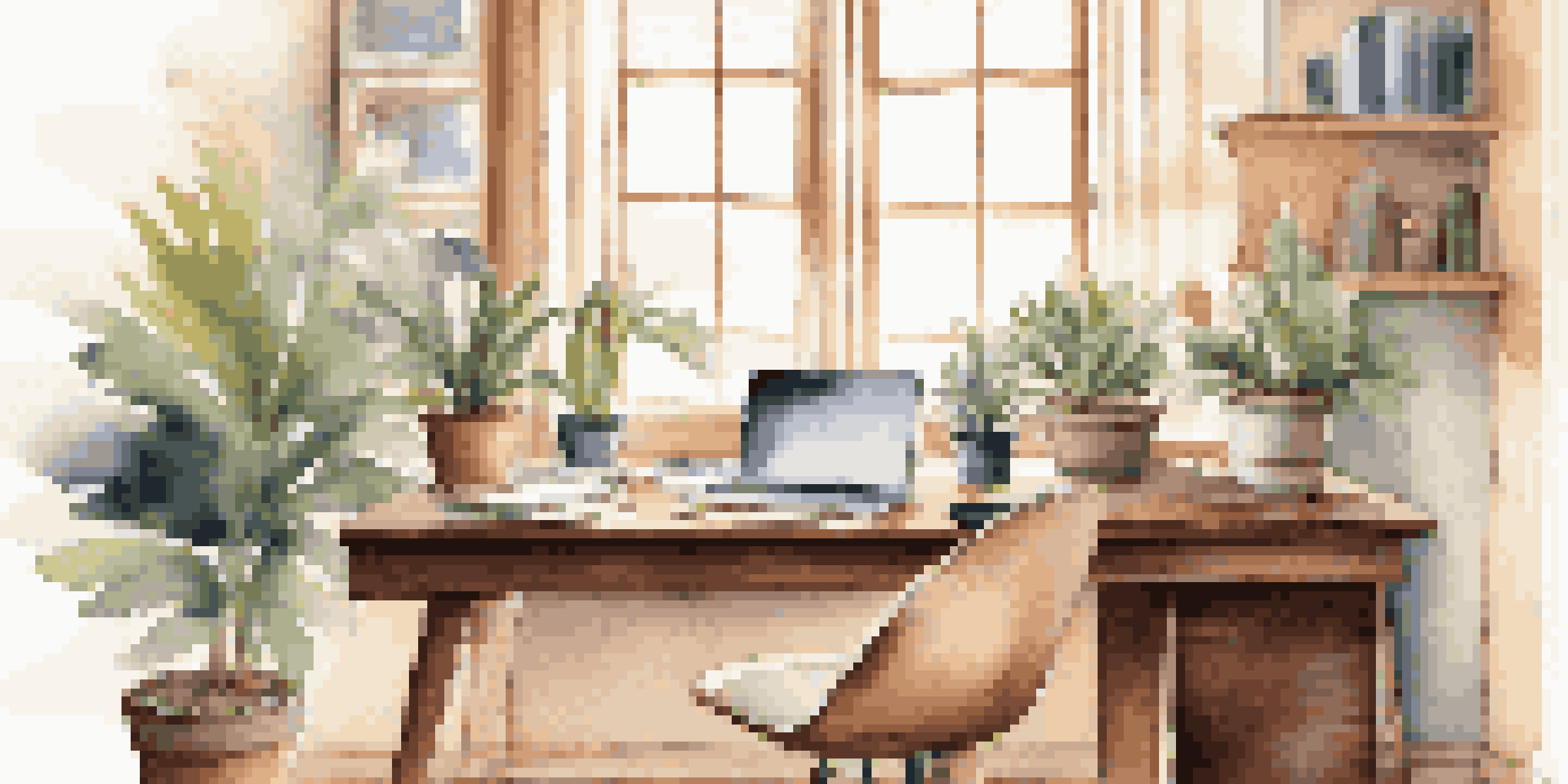 A stylish workspace with a desk, laptop, plant, and natural light coming through a window.