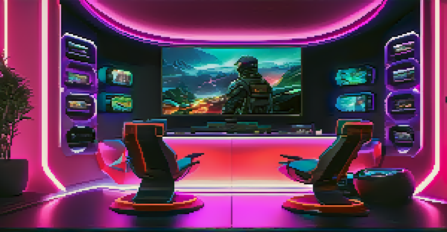 A futuristic gaming room with a luxury console setup, illuminated by neon lights and decorated with game-themed art.