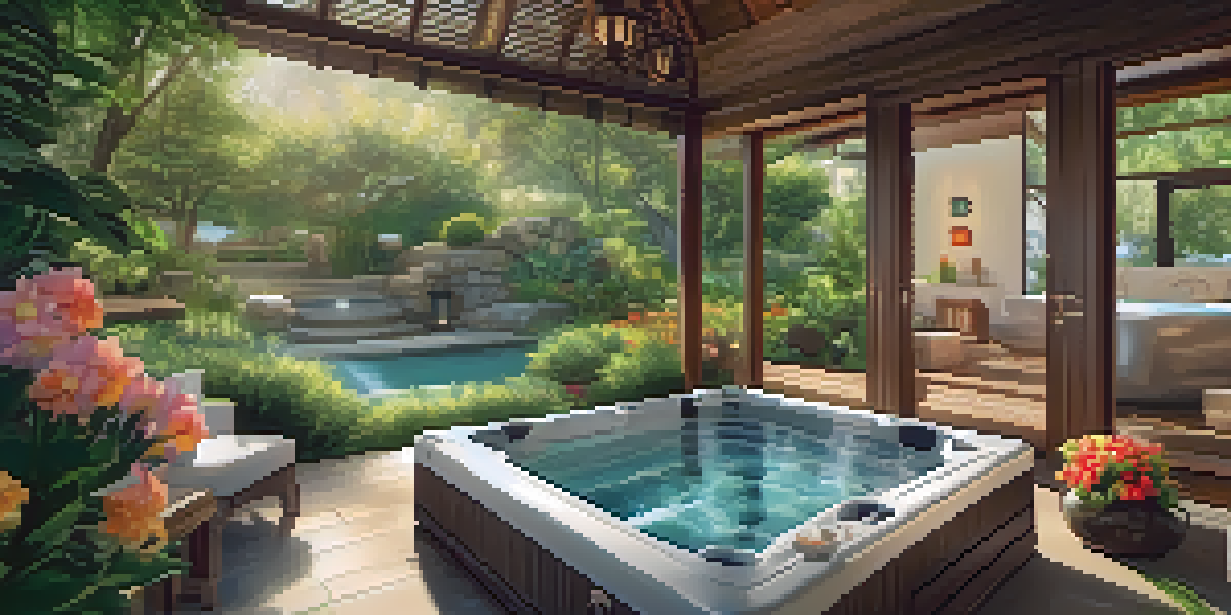 A peaceful outdoor spa retreat with a hot tub surrounded by greenery and flowers, illuminated by soft sunlight.