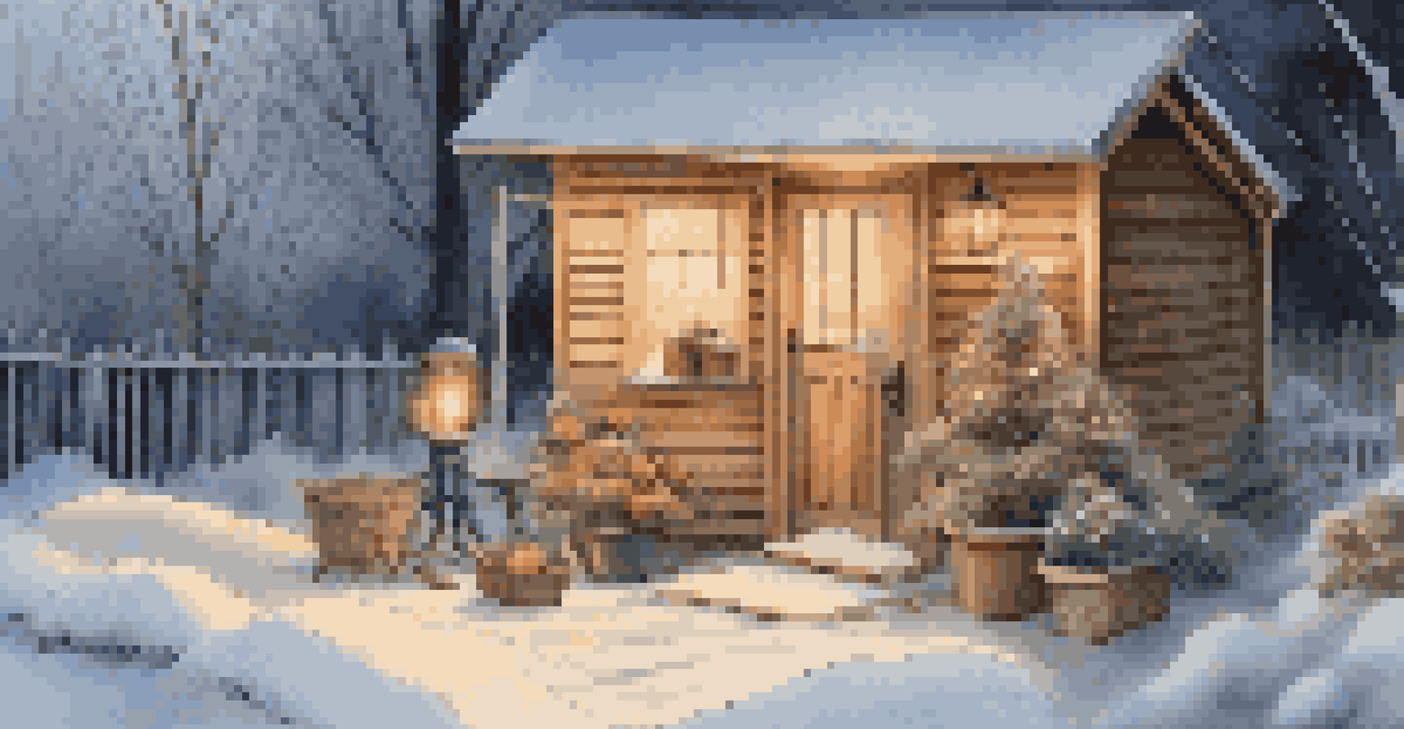 A winter gardening shed with organized luxury tools inside, snow outside, and a warm lantern glow.