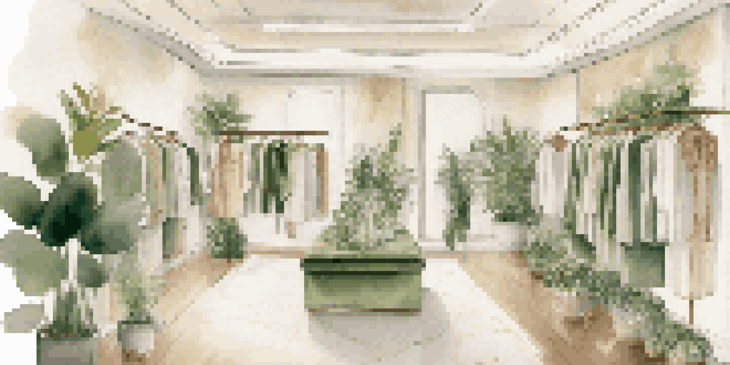 A luxurious boutique interior with sustainable fashion displays, soft lighting, and green plants.