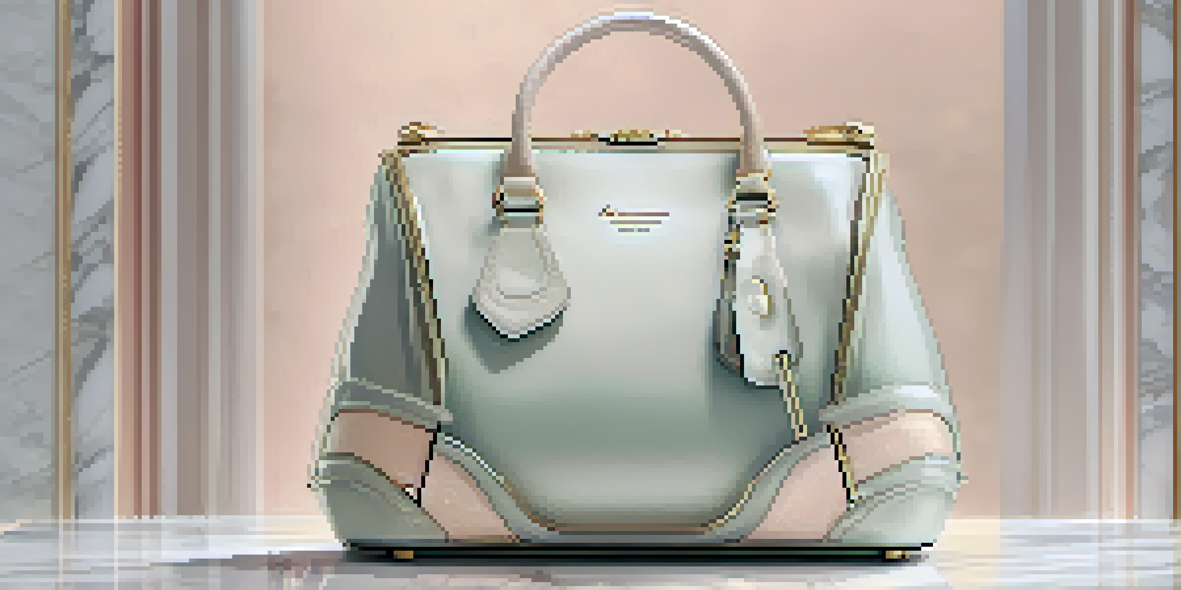 A beautifully crafted luxury handbag on a marble pedestal with soft lighting and a blurred green background.