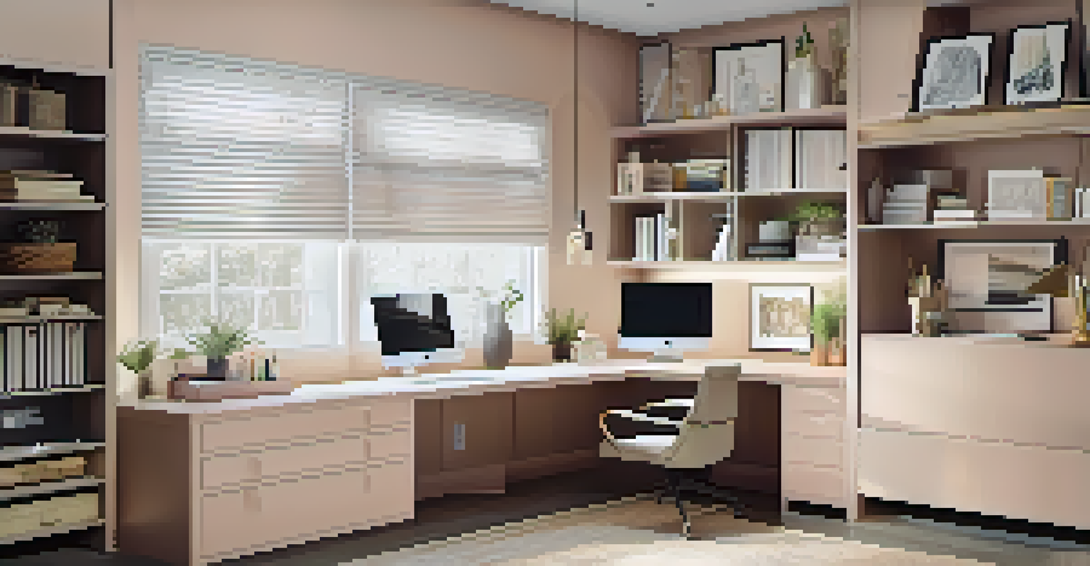 A home office with pastel-colored cabinets and open shelving displaying office supplies and decor, illuminated by soft overhead lighting.