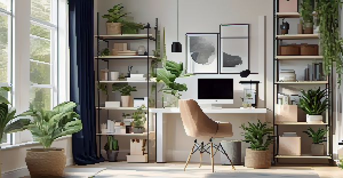 A small home office with a modern desk, ergonomic chair, and wall-mounted shelves, illuminated by natural light and decorated in soft colors and navy accents.