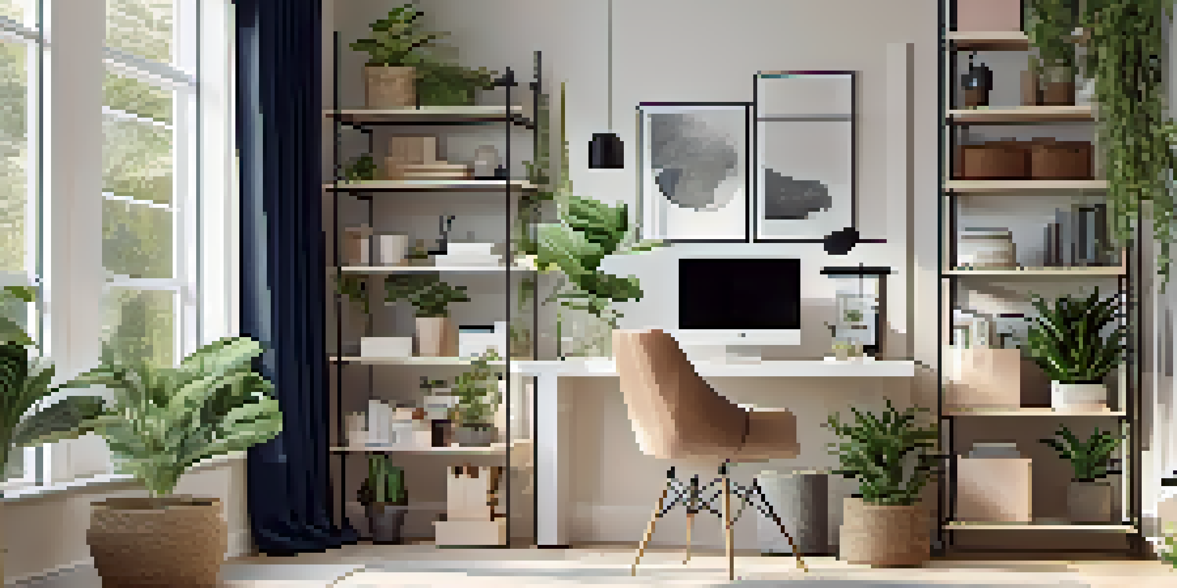 A small home office with a modern desk, ergonomic chair, and wall-mounted shelves, illuminated by natural light and decorated in soft colors and navy accents.