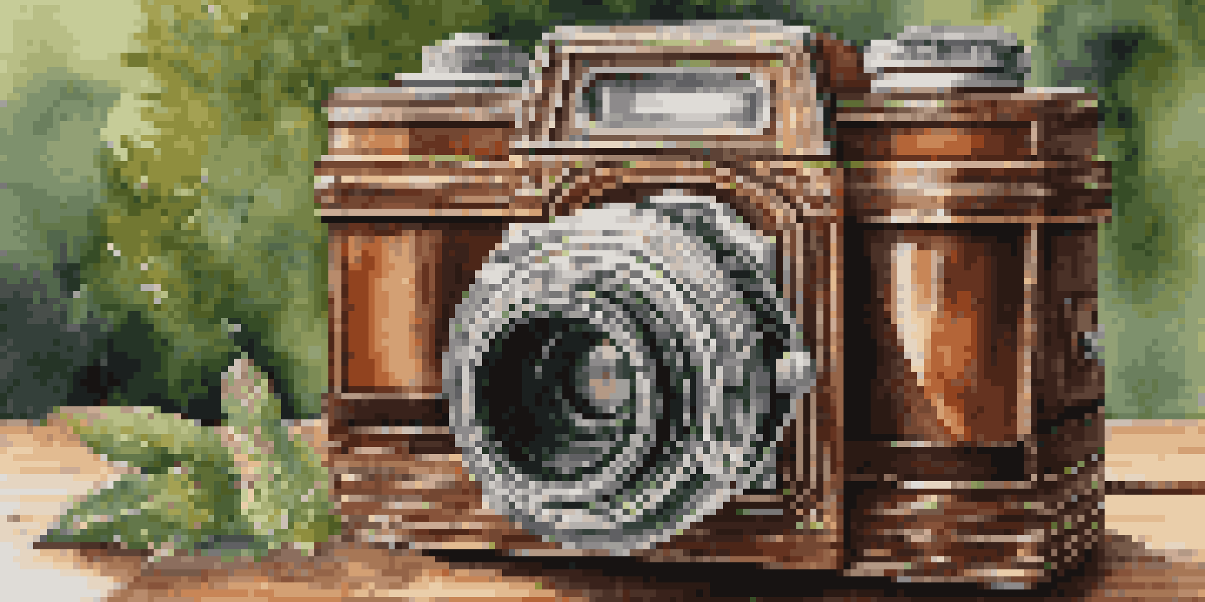 A vintage wooden camera with leather details on a wooden table, surrounded by greenery and wildflowers.