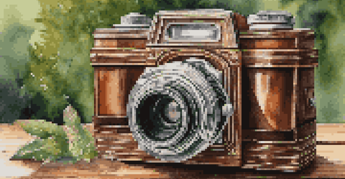 A vintage wooden camera with leather details on a wooden table, surrounded by greenery and wildflowers.