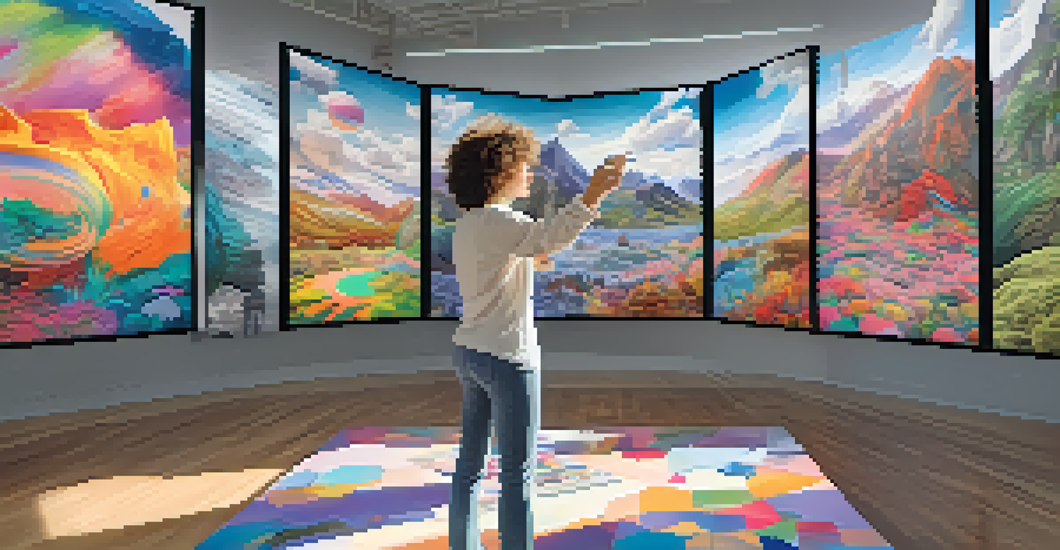 An artist in a studio creating surreal landscapes in virtual reality, surrounded by digital screens and colorful art supplies.