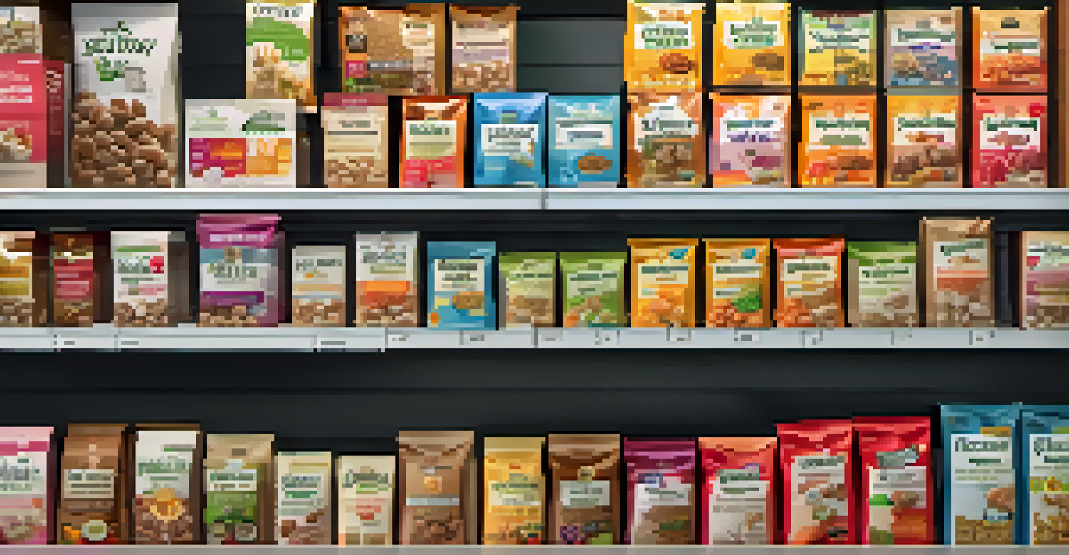 A supermarket shelf filled with colorful packages of gourmet pet food, showcasing natural ingredients and appealing designs under soft lighting.