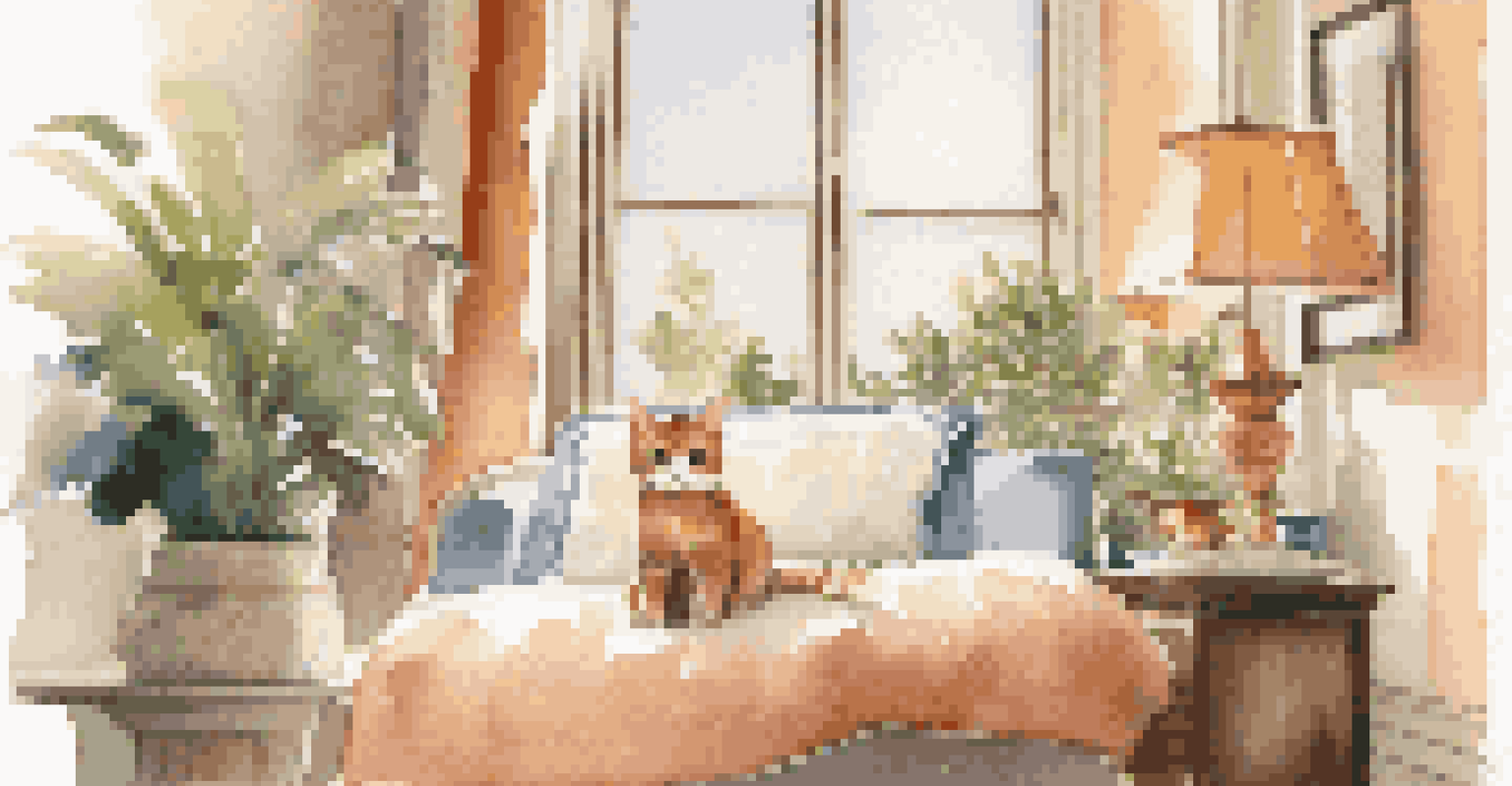 A luxurious pet suite featuring plush bedding, a gourmet meal, and soft lighting, with a cat peeking out from behind a toy.