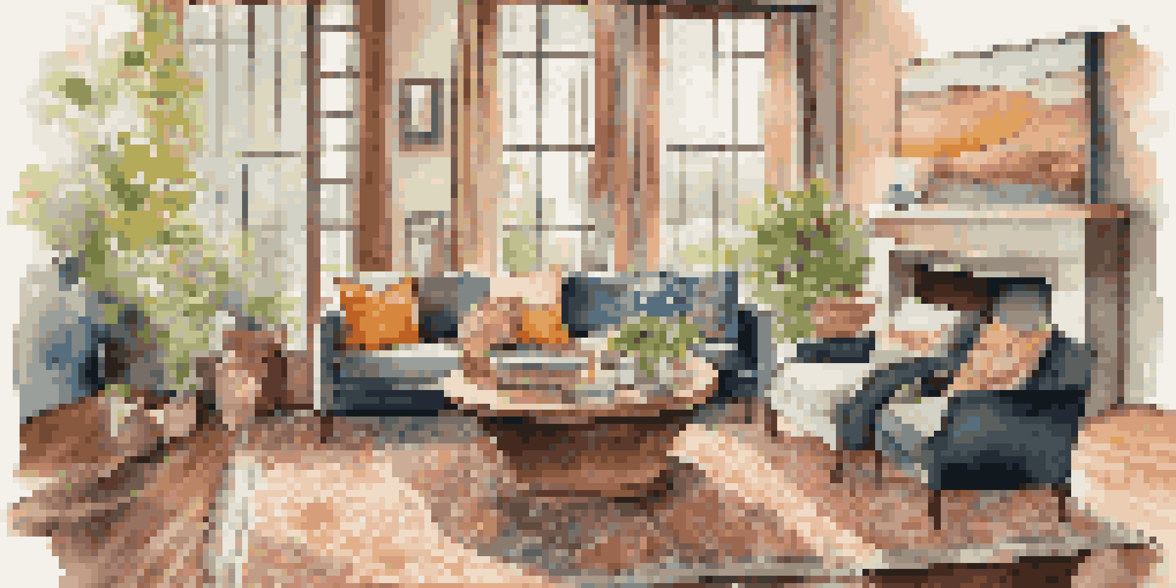 A warm and inviting living room with a reclaimed wood coffee table, large windows, vibrant artwork, and colorful throw pillows.