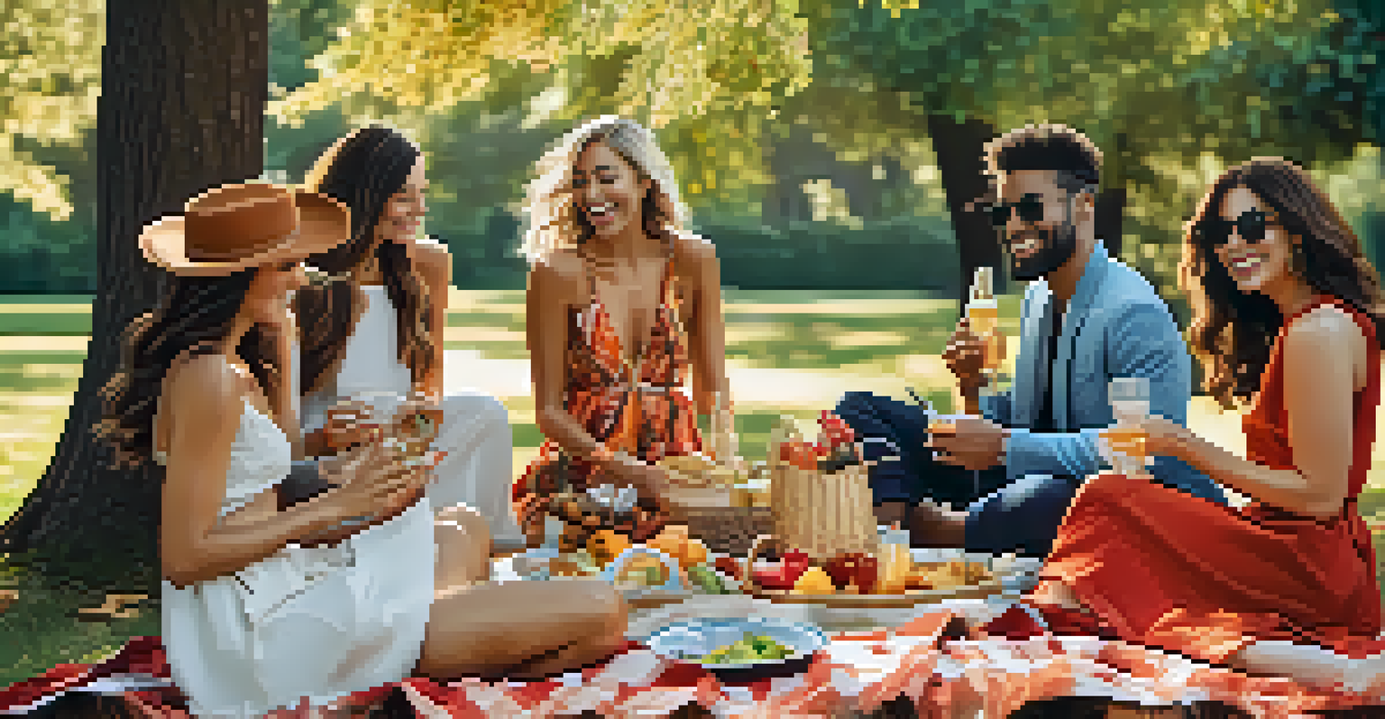 A group of friends in luxury outfits enjoying a picnic in a park, surrounded by food and laughter in a sunny outdoor setting.