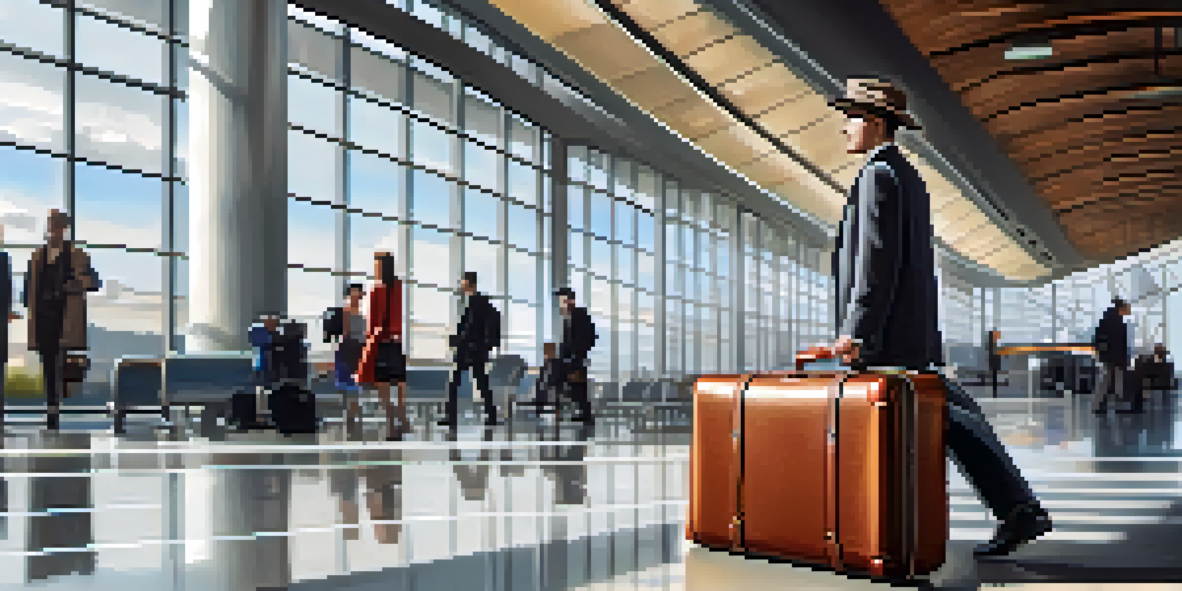 A designer suitcase in a modern airport, showcasing its stylish design and smooth wheels under natural light.