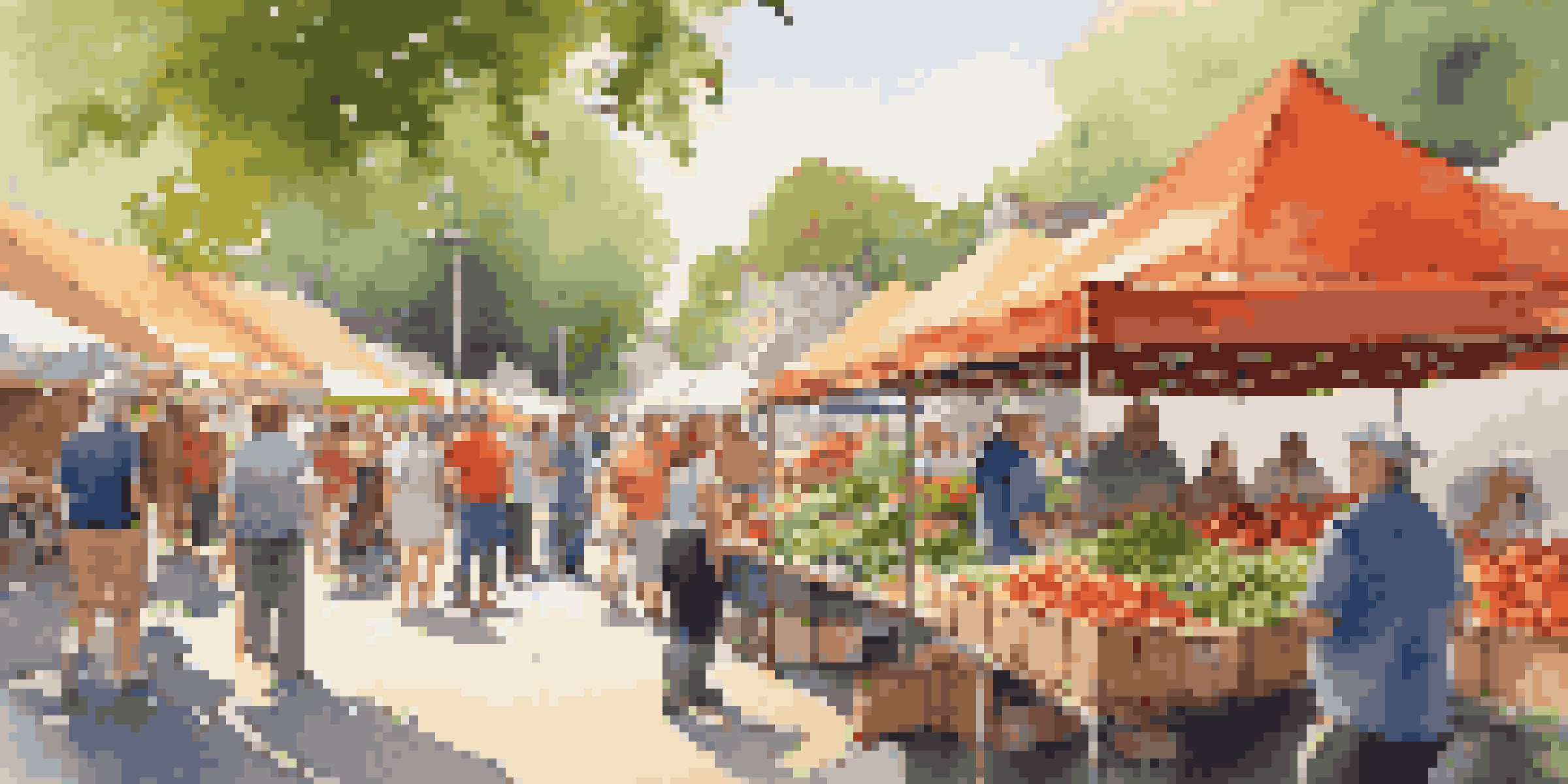 A bustling farmers' market with colorful stalls of fresh fruits and vegetables, people engaging with farmers, and sunlight filtering through trees, creating a warm and inviting atmosphere.