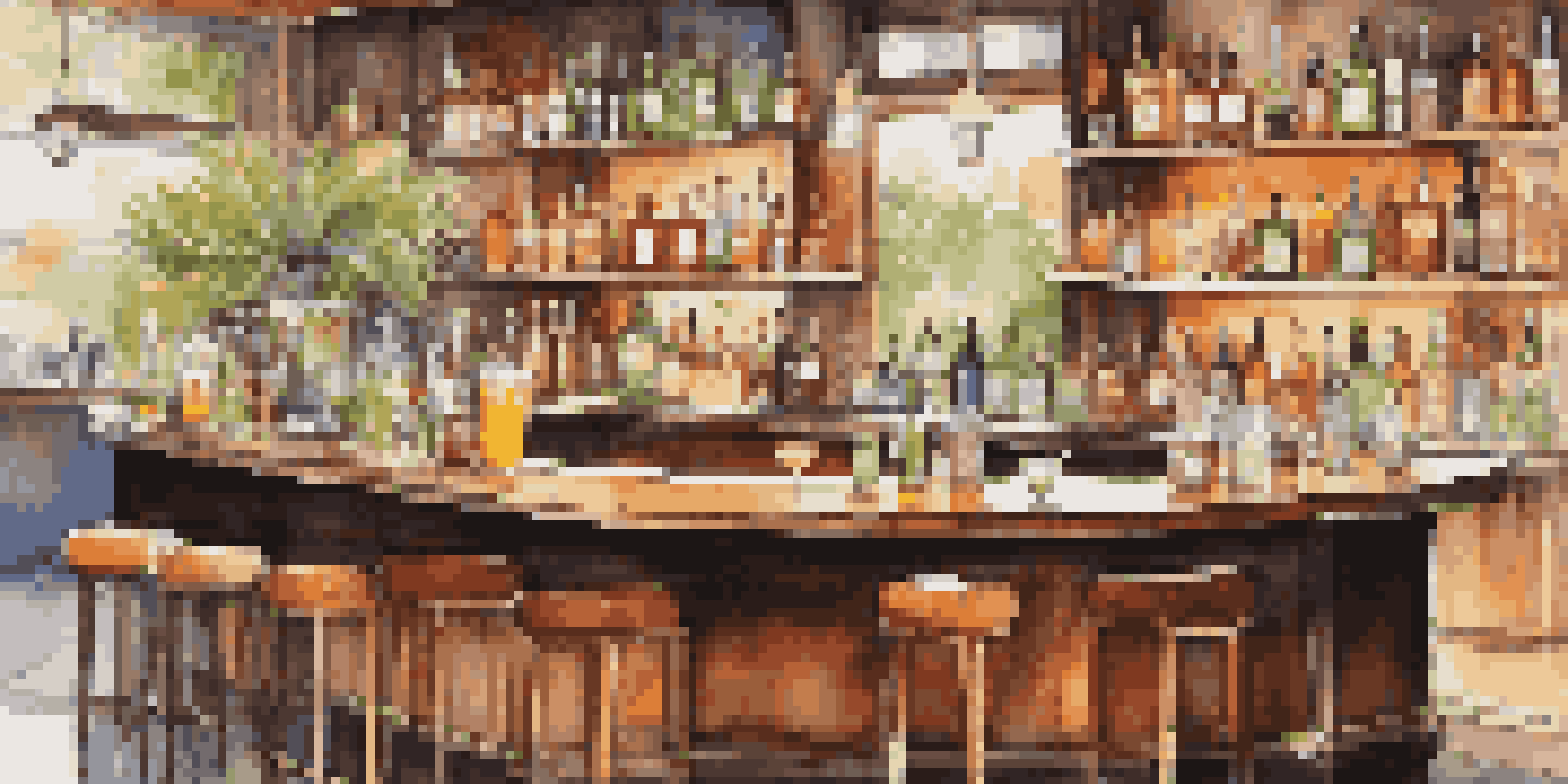 A vibrant cocktail bar with a variety of colorful cocktails in elegant glasses, surrounded by fresh herbs and citrus. Soft lighting enhances the cozy ambiance.