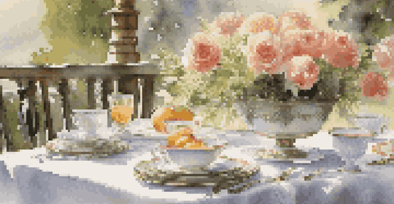 An outdoor brunch table set with fine china, crystal glasses, and fresh flowers, illuminated by warm sunlight.