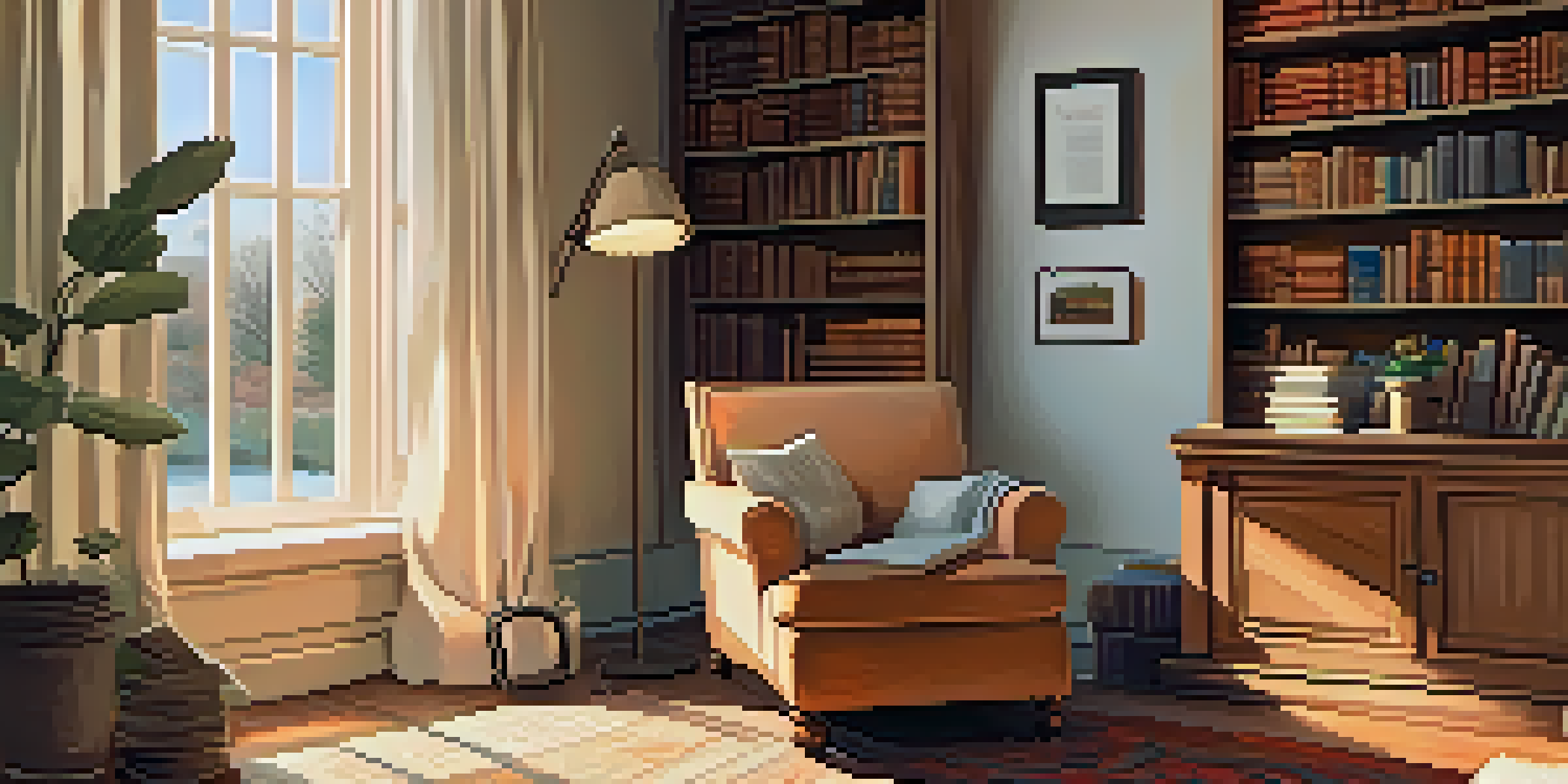 A cozy reading nook with a plush armchair, a cup of tea, and bookshelves filled with classic literature.