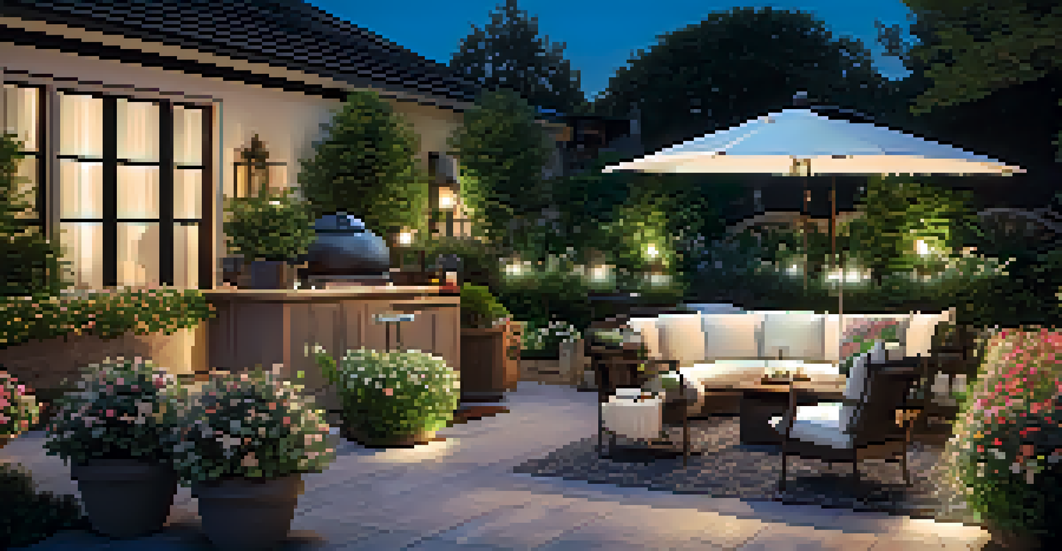 A tranquil outdoor garden with automated features and smart lighting.