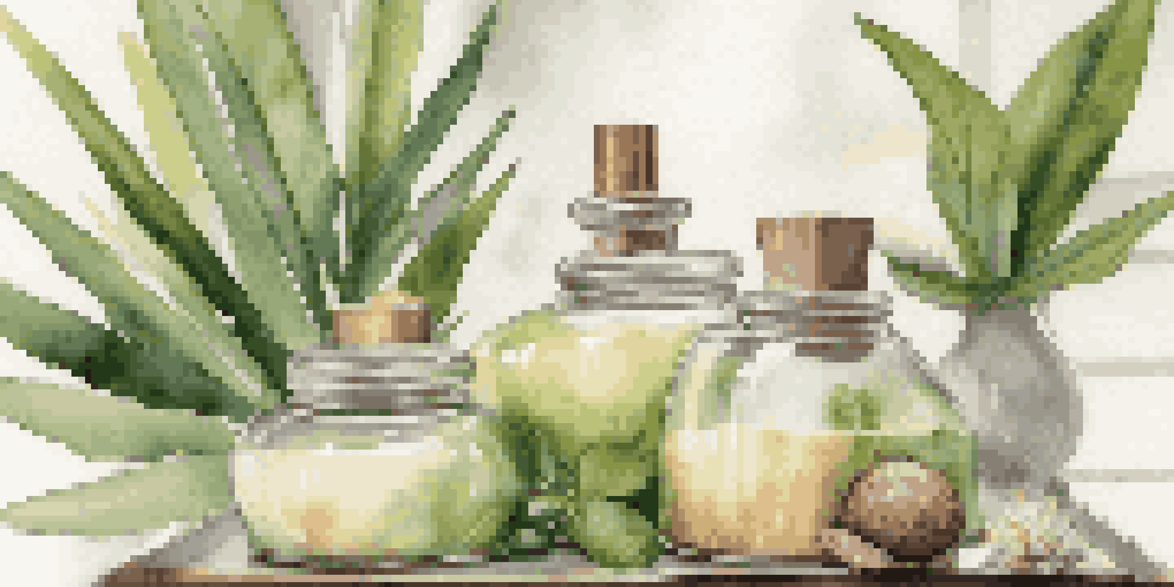 An elegant display of natural body care ingredients in glass jars, with soft lighting and green plants in the background.