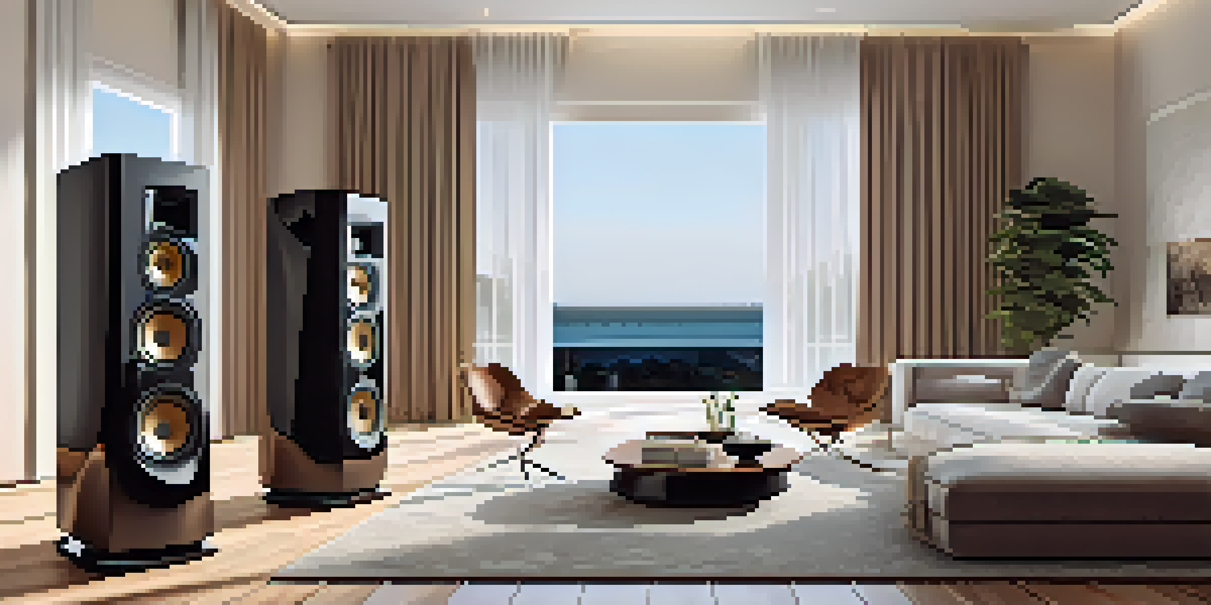 A modern living room showcasing a high-end audio system with elegant floor-standing speakers and ambient lighting.