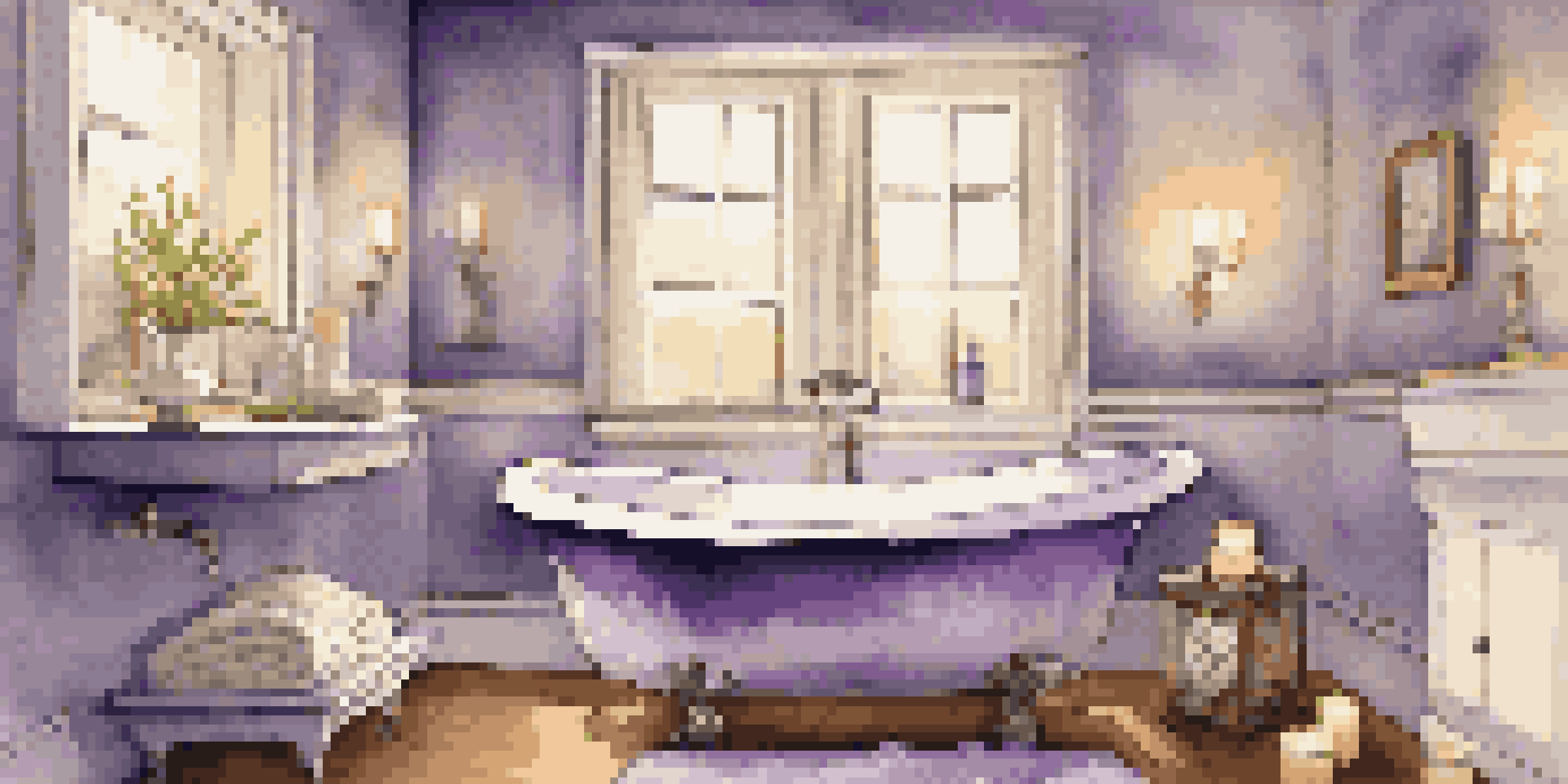 A peaceful bathroom with a warm bathtub filled with lavender petals, soft candlelight, and a fluffy towel.
