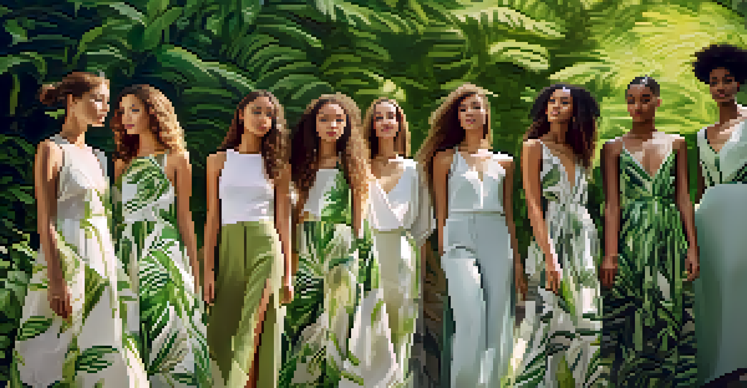 Models in an outdoor setting wearing eco-conscious outfits made from organic fabrics, surrounded by greenery.