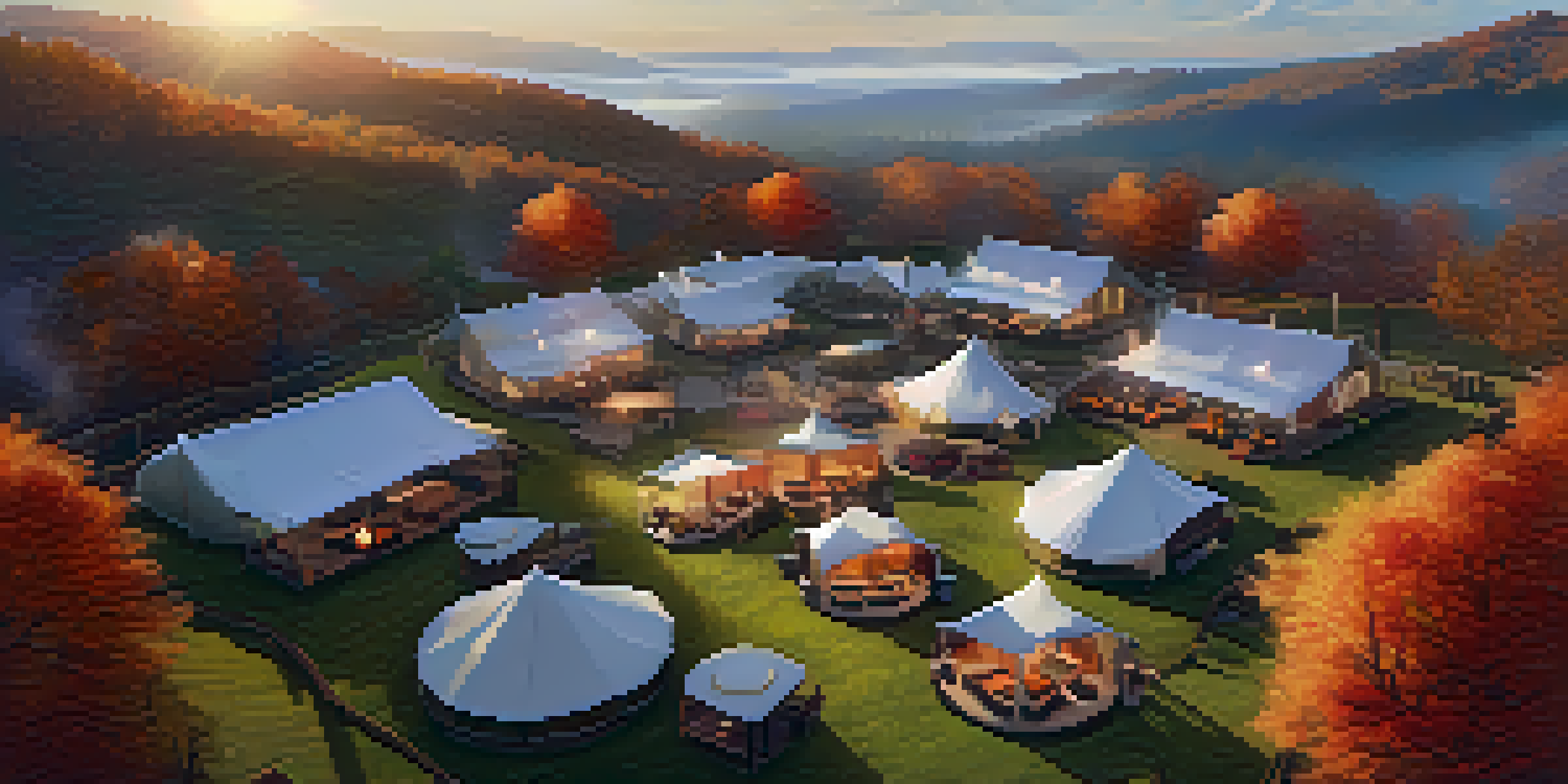 An aerial view of a glamping site in the mountains with luxury tents and autumn foliage.